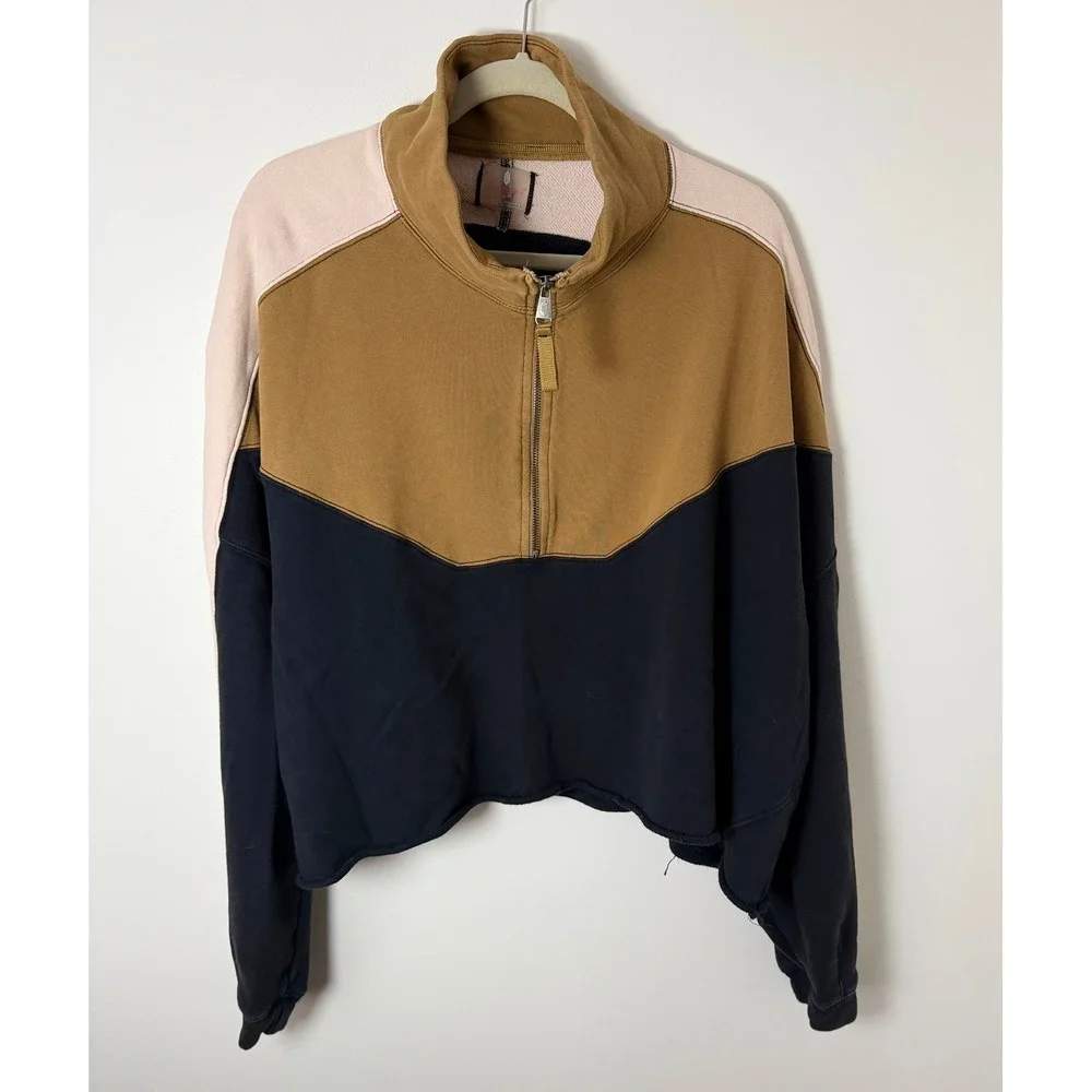 Free People FP Movement Colorblock Quarter Zip Cropped Sweatshirt Yellow Black L